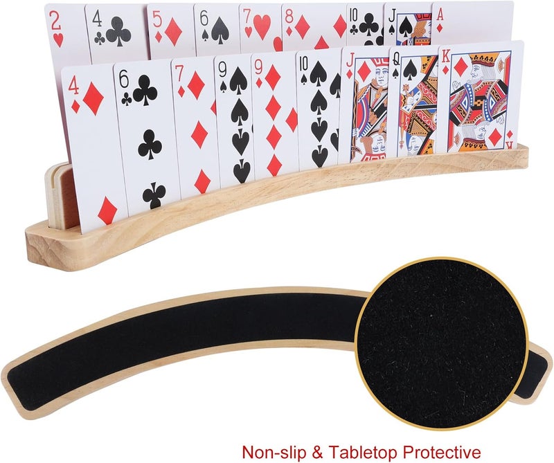 Offelec 4 Pack Wooden Playing Card Holders - 14 Inch 2-Slot Curved Card Holder for Kids Adults, Stackable Card Deck Organizers with Non-Slip Base for Bridge, Strategy Games, Poker & Family Nights - Image 4